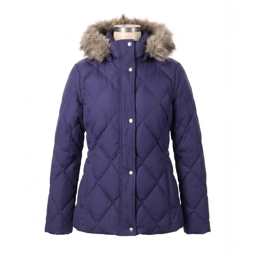 Lands End Womens Navy Blue Diamond Quilted Down Parka Faux Fur Hood Size S 6-8